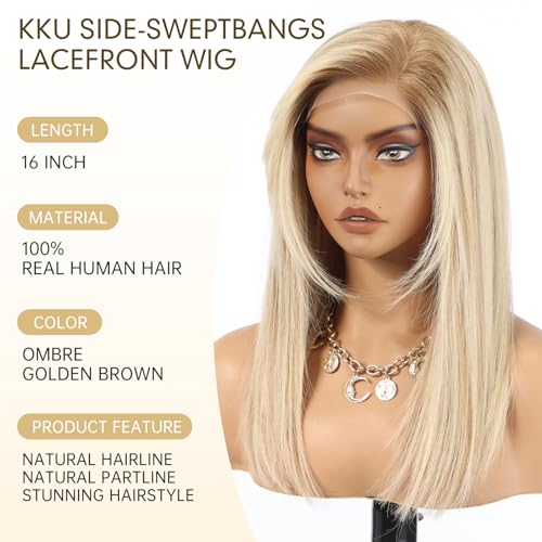 Image of KKU 100% Human Hair Wigs for Women,Real Human Hair Wigs,Side Swept Bangs Lace Front Wig(16 Inch,Ombre Blonde Brown)