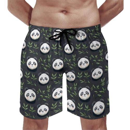 Hawaiian Shorts for Men - Comfy Cute Panda Leaves Print Mens Swim Trunks Bathing Suits with Mesh Lining