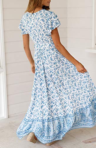 Image of R.Vivimos Women's Summer Short Sleeve Floral Print Bohemian Beach Waist Tie Wrap Long Flowy Dress with Slit