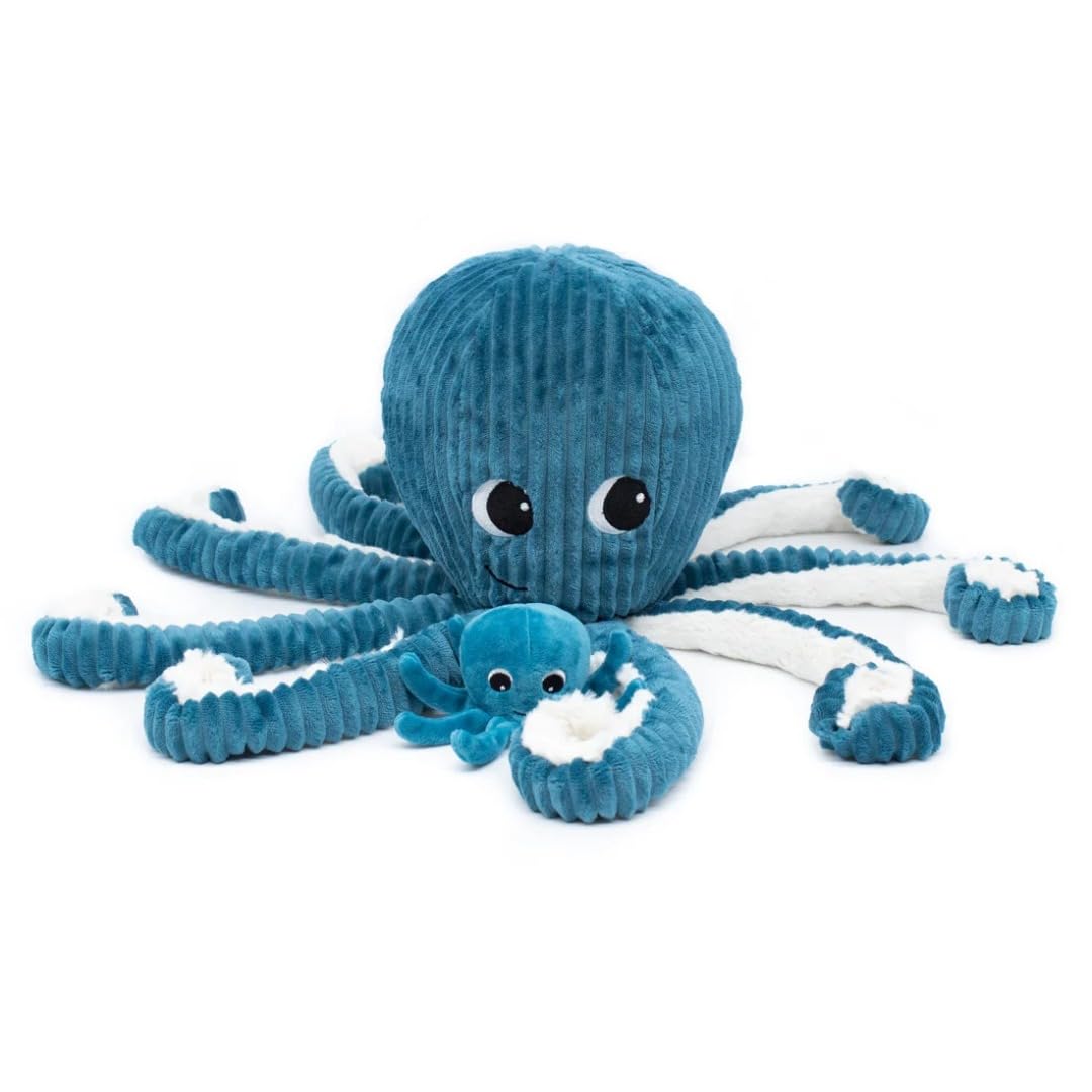 LES DÉGLINGOS Ptipotos by Hilou el Pulpo mamá y su bebé – Peluche bebé – Regalo de Nacimiento – 65 cm – Azul