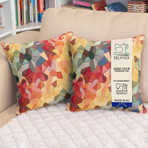 Selfitex 2er Set 40x40 Bunte Sofakissen inkl. Füllkissen, Luxus Sofakissen, farbenfrohes Couchkissen Set, hochwertiger Couchkissen Muster Bezug mit Reißverschluss, Bunte Kissen Deko (Palma)