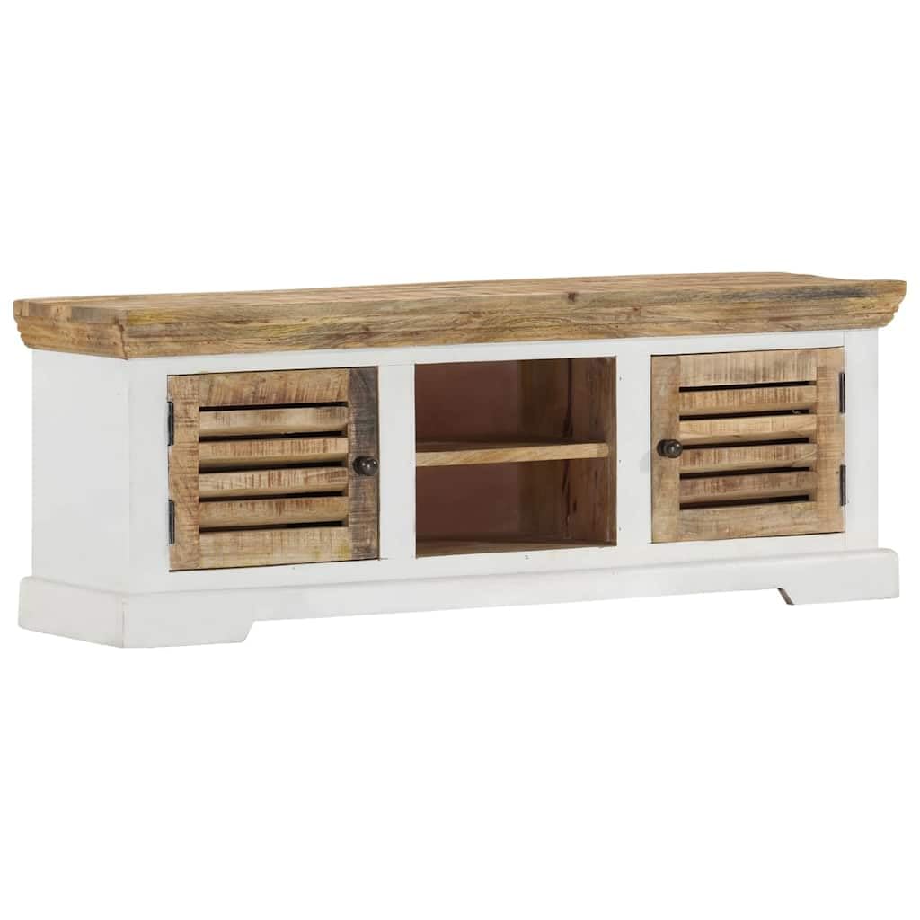 Szafka pod telewizor z litego drewna mango, 110 x 30 x 40 cm, z 2 drzwiami, 2 półkami, kredens, komoda do salonu, sypialni, korytarza, miejsce do przechowywania mebli