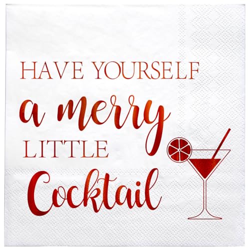 LeZakaa 50Pcs Christmas Cocktail Napkin, Have Yourself a Merry Little Cocktail Red Gold Foil Design, 3-Ply Dinner Napkins Square Disposable Guest Paper, Table Décor and Party Supplies, 6.5 x 6.5In