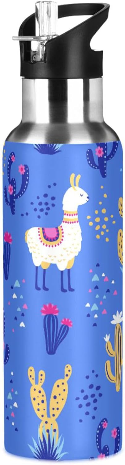 ZZKKO Water Bottle with Straw Animal Llama Cactus Blue Stainless Steel Iron Flask Capsule Water Bottle Daily Water Intake Bottle Thermos Kids Cups No Spill Women Adult 20OZ/600ML