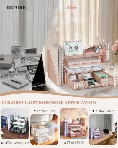 Image of WALI Desk File Organizer, 4 Tier Desktop Paper Letter Tray Organizer with Drawer and 2 Pen Holders, Office Desk Accessories & Workspace Organizers for Office, Home, School Supplies, 1 Pack, Rose Gold