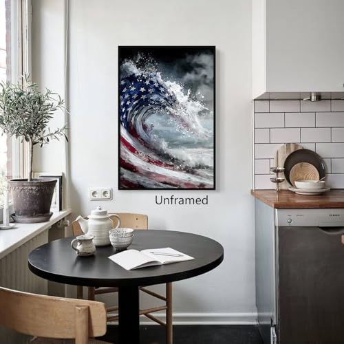 Image of American Flag Canvas Wall Art, 4th of July Patriotic Poster Print, USA Flag Ocean Waves Abstract Picture, Modern Independence Day Wall Decor for Bedroom Living Room 24x36in Unframed