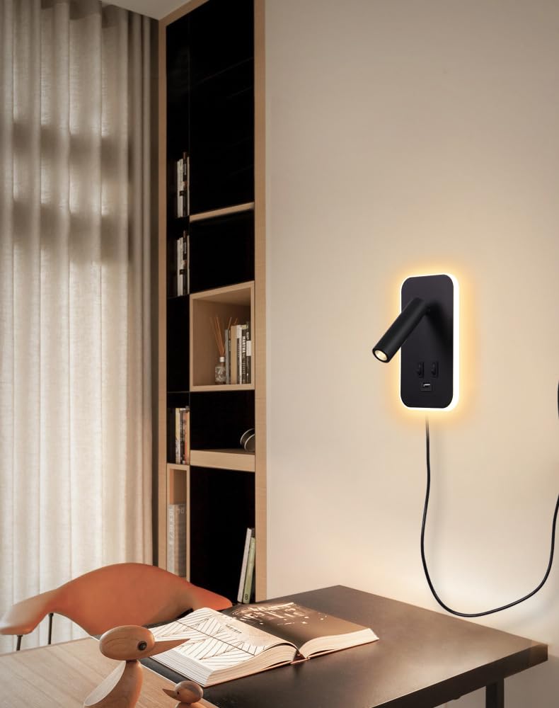 3W+9W LED leselampe wandlampe USB-Aufladung mit schalter wandleselampe Bettlampe innen Leselicht Schwenkbar Wandbeleuchtung Schlafzimmer Nachttischlampe 3100K, mit Stecker und Kabel, Schwarz
