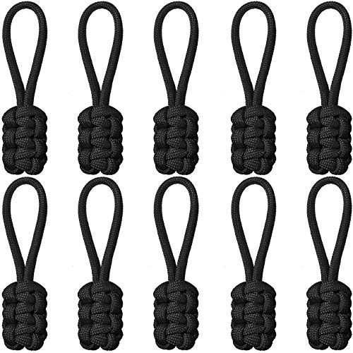 10 Pieces Replacement Zipper Pulls Tab Universal Nylon Zipper Repair Kit Zipper Slider Pull Tab Universal Zipper Fixer Metal Zipper Head Hand Woven Pull Rope Zipper Handle Cord Pull Tab (Black)