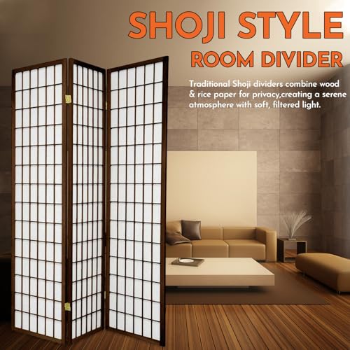 Legacy Decor 3-Panel Shoji Room Divider, Espresso, Real Wood Grid, Translucent Privacy Panels, 52″ W × 71″ H, Folding Screen