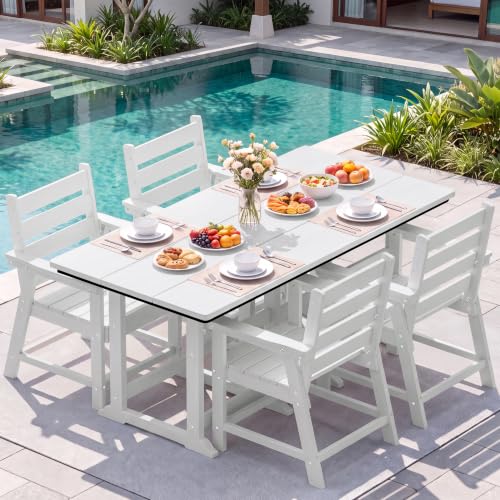 Image of 5-Piece Dining Set, HDPE Table & 4 Chairs, White | HDPE Dining Set: 69.1 inch Table + 4 Chairs, 380 lbs, 304 Stainless, All-Weather, No Rust No Crack, Outdoor Patio Garden