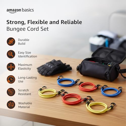 Image of Amazon Basics Flat Bungee Cord with Heavy-Duty Iron Hooks | Super Elastic Rubber Strap with Scratch-Resistant Coating & Color-Coded Size System (Red, Blue and Yellow)