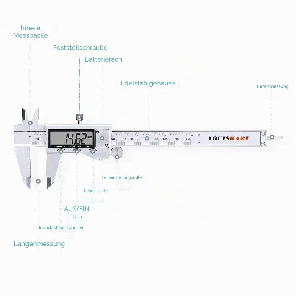 Messschieber Digitale 0-150mm/0-6 Zoll, Hochpräzise Edelstahl Schieblehre, Elektronischer Digitaler Schieblehre, Messschieber, für Innen, Außen&Stufen Messung, LED-Anzeige, Haushalt und Industrie