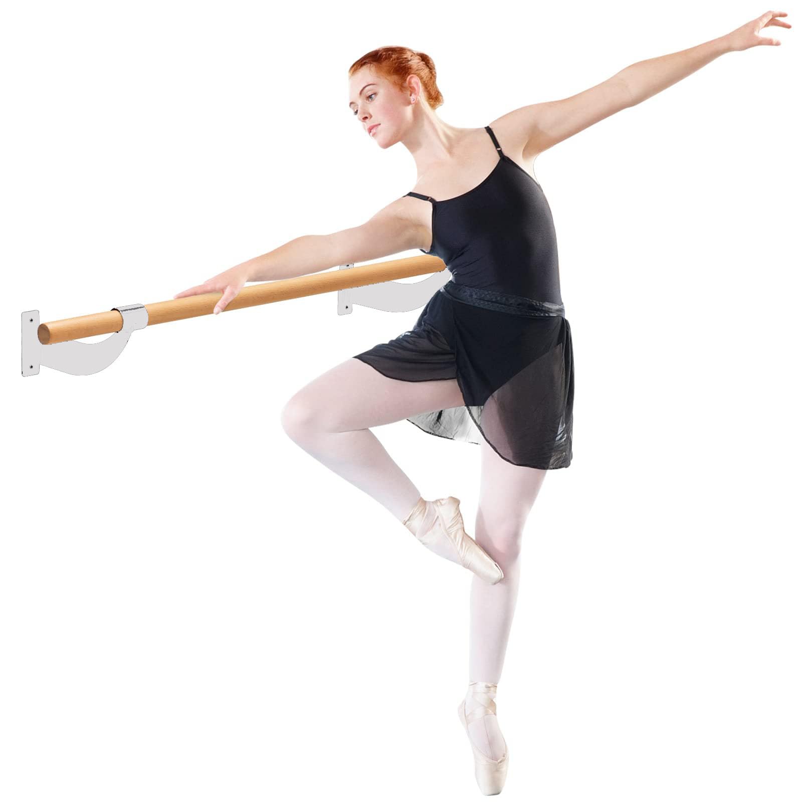 GYMAX Ballettstange 120cm, wandhalter Übungsstange aus Holz, Tanzstange für Tanz & Stretching, Ballettstangenhalter für Kinder & Erwachsene