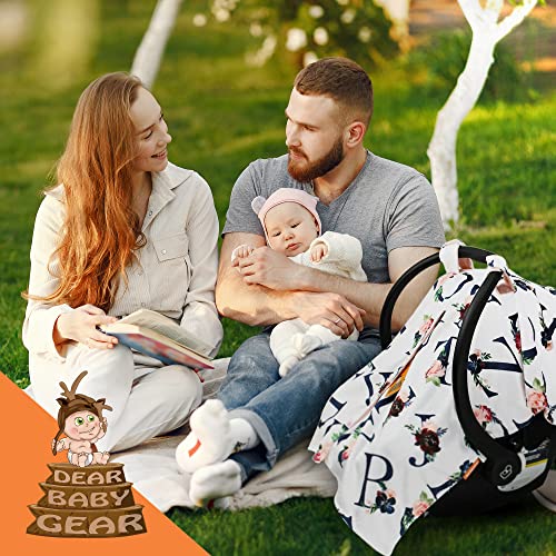 Image of Dear Baby Gear Baby Car Seat Canopy Snap Button Opening - Carseat Canopy for Daily Use - Cover for Newborn Car Seats - Stylish Nursing Cover - Floral Alphabet /Blush Smooth, 40 inch x 30 inch