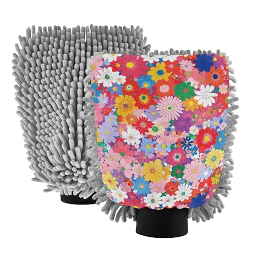 Beautiful Flowers Car Wash Microfiber Mitt 2 Pack Washing Mitts Scratch-Free Detailing Gloves for Hand Brush Cleaning