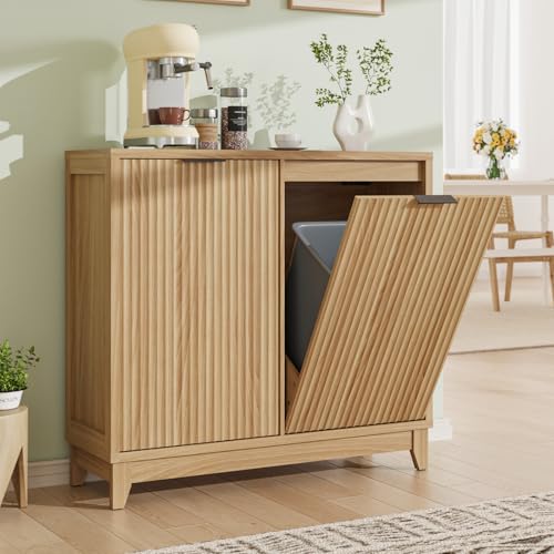Double Tilt Out Trash Can Cabinet with Odor Control, Outlets, Fluted Trash Cabinet 13 Gallon Hidden Bin Storage, Modern Kitchen Cabinet with Soft-Close Door, Laundry Hamper Cabinet for Bathroom