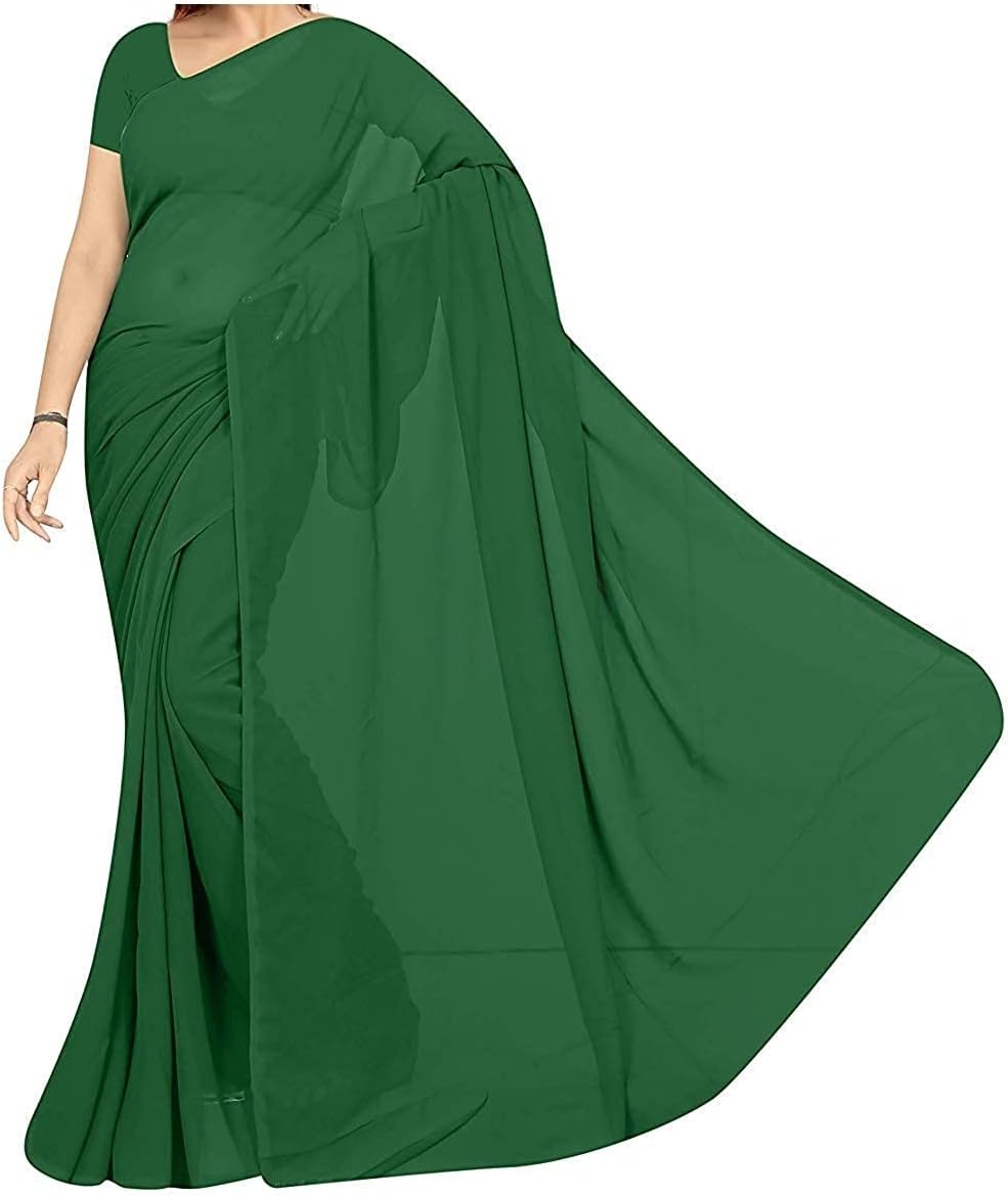 SXK womens solid woven plain saree Chiffon fabric with running blouse (Red), (blouse piece 0.8mtrs), (Red)
