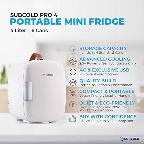 Subcold Pro4 Luxury Mini Fridge Cooler 4 Litre / 6 Cans Ac & Exclusive Usb Eco Power Option | Portable Small Refrigerator For The Office, Bedroom, Car, Travel, Skincare & Cosmetic (White) #TOP1