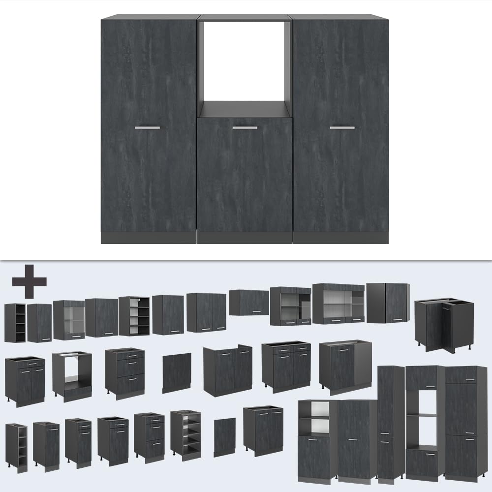 Vicco Küchenblock R-Line, Schwarz Beton/Anthrazit, 180 cm