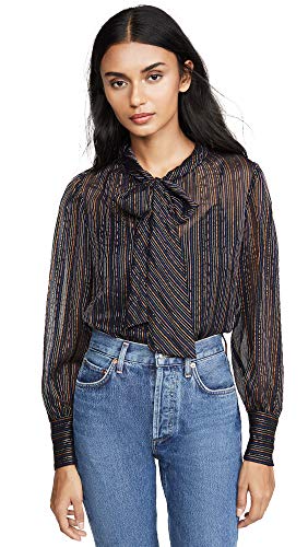 Rebecca Taylor Women's Long Sleeve Lurex Stripe Top with Tie at Neckline, Black Combo, 4