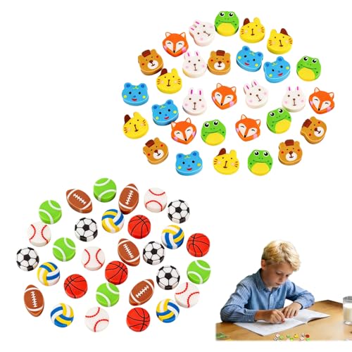 Set de 60 Mini Gomas de Borrar, 30 con Diseño de Animales y 30 de Pelotas, Divertidas Gomas de Borrar para Niños como Día del Niño, Goma Borrar Material Escolar