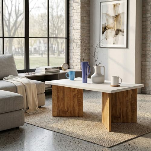 Image of FFO V-Shape Coffee Table for Living Room | Modern Center Table with Engineered Wood Top & Wooden Base | 80x50x40 cm | Stylish Tea Table for Home, Office & Lounge (White & Coach Wood Finish)