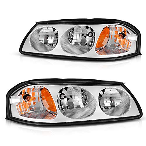 DWVO Headlight Assembly Compatible with 2000-2005 Chevy Impala Chrome Housing Amber Reflector