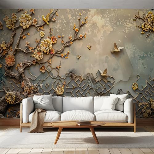 Generic 3D Floral Tree Bird Peel and Stick Wall Mural, Relief Embossed Modern Self Adhesive Wallpaper 173
