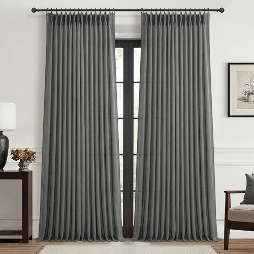 Extra Long Floor to Ceiling Dark Grey Bedroom 108 Inch Curtains, Pinch Pleated Linen Sheer Luxury Light Filtering Privacy Cutain for Living Room 2 Panels Set Gray 9 FT Large Window Drapes with Hooks