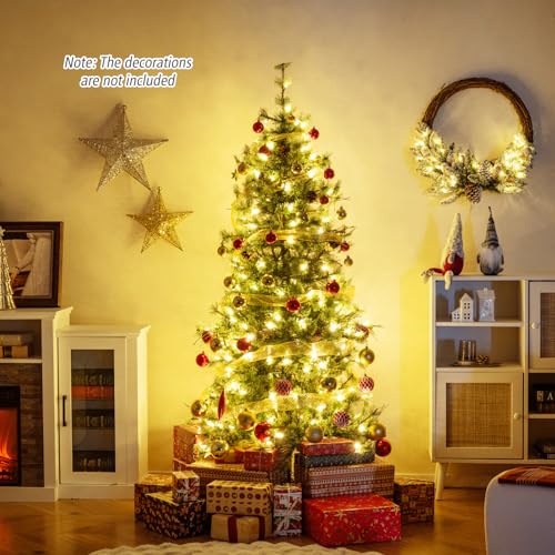 Image of Goplus 6 FT Pre-Lit Artificial Christmas Tree, Cashmere Xmas Tree with 370 Pine Needles, 200 Warm White LED Lights with Bulb Cover, Natural Pine Cones, Foldable Metal Stand, Home Office Decoration