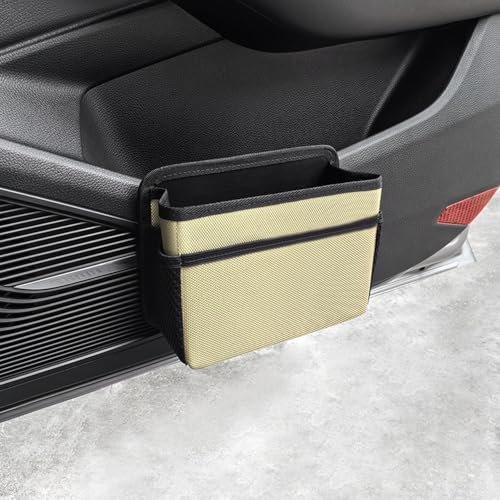 Image of Car Trash Can, Foldable Multifunctional Hanging Storage Box Trash Can with a Roll of Garbage Bag, Multi Pocket Design Suitable for Car, Home, and Office Car Trash Cans (Beige)