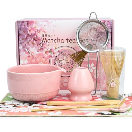 muhogxio Matcha Set- 8 Stück Macha Tea Set mit Besen, Filtersieb, Schale,Löffel Teetuchunterlage,Geschenkset für die Traditionelle Matcha Zubereitung (Rosa)