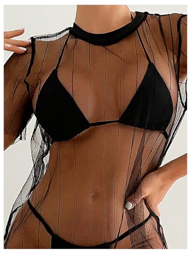 MakeMeChic Women's Mesh Sheer Cover Up Dress Short Sleeve Swimwear Bathing Suit2