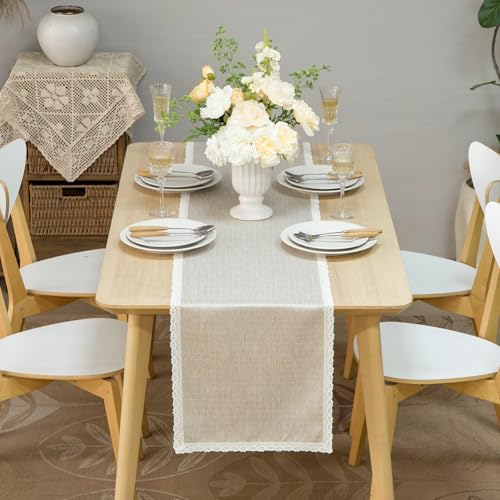 GLORY SEASON Lace Trim Linen-Look Textured Rustic Washable Table Runner Decorative Long Tablecloth Farmhouse Tea Table Runner Dresser Scarves for Kitchen Dining Room Coffee Table Beige,14x108 Inch by GLORY SEASON - Used condition - Image 3