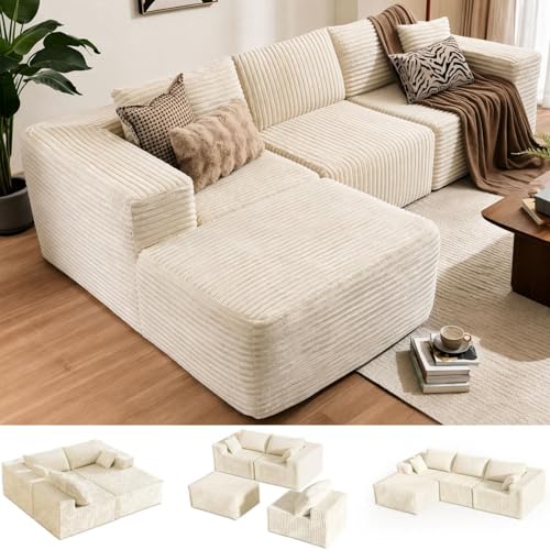 Easyego 110" No-Assembly L-Shape Sleeper Sofa with Reversible Chaise – Modular Corduroy Sectional for Living Room, Beige