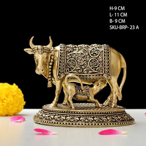 Image of INDICAST Handcrafted Brass Cow with Calf for Good Luck | 3.5 inch Kamdhenu Gau MATA Idol Spiritual Vastu Nandi Pooja Figurine Sculpture for Home and Office (Weight- 340gm)
