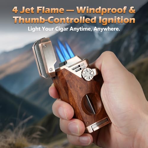 Joyoldelf Cigar Torch Lighter Quad Flame - Refillable Jet Butane Windproof Lighter with Cutter, Punch & Fuel Window (Without Butane) - Premium Gift for Men, Outdoor Smoking, Portable Use by joyoldelf - Image 2