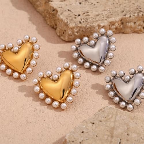 Boucles d'oreilles acier inoxydable anti-allergie cœur et perle - 2