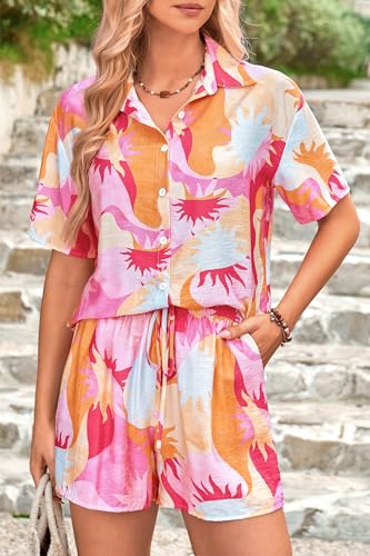 PRETTYGARDEN Women Summer 2 Piece Beach Outfits Printed Short Sleeve Tops Lounge Shorts Casual Tracksuit Set (Pink,Medium) — view 4