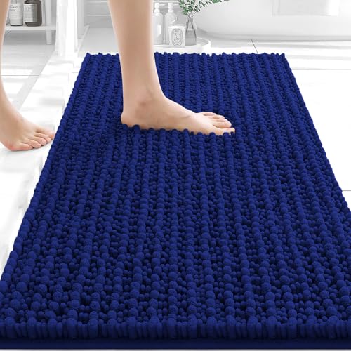 Image of OLANLY Bathroom Rug Mat 34x21, Thick Soft and Absorbent Chenille Bath Mat, Non-Slip Rubber Backing, Machine Washable Quick Dry Bath Rugs for Tub Shower Floor, Home Decor Accessories, Navy Blue