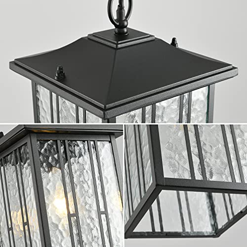 Smeike Outdoor Pendant Light, Black Exterior Hanging Lights, Led Outdoor Chandelier, Modern Hanging Lantern For Porch, Ceiling Entry Porch Patio Matte Black With Water-Rippled Glasses #TOP7