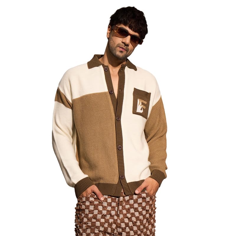 fugazee Beige & Brown Monogram Oversized Cardigan for Men & Women | Acrylic Wool Knit with Spread Collar, Dropped Shoulder, Ribbed Edges | Cozy Graphic Cardigan-picture-19