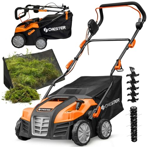 Scarificateur Électrique CHESTER 1800W | Scarificateur & Démousseur-Émousseur 2-en-1 | Largeur 40cm | 5 Niveaux de Profondeur | Bac 55L | Inclus : Rouleaux...