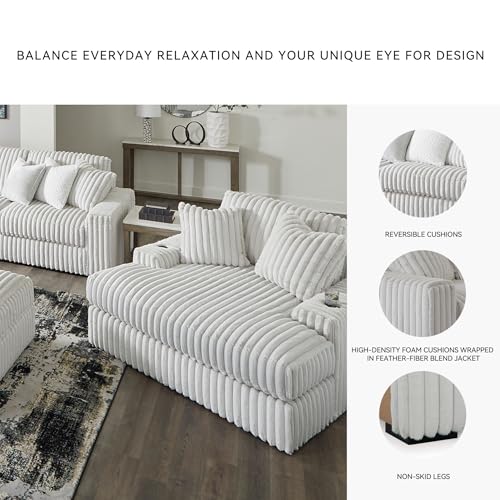 Image of Signature Design by Ashley Oversized Chaise Lounge Chair, Alloy Light Gray | Jumbo cord velvet fabric with USB & cup holders, 64-in wide oversized profile, Media room lounge, Stupendous Series