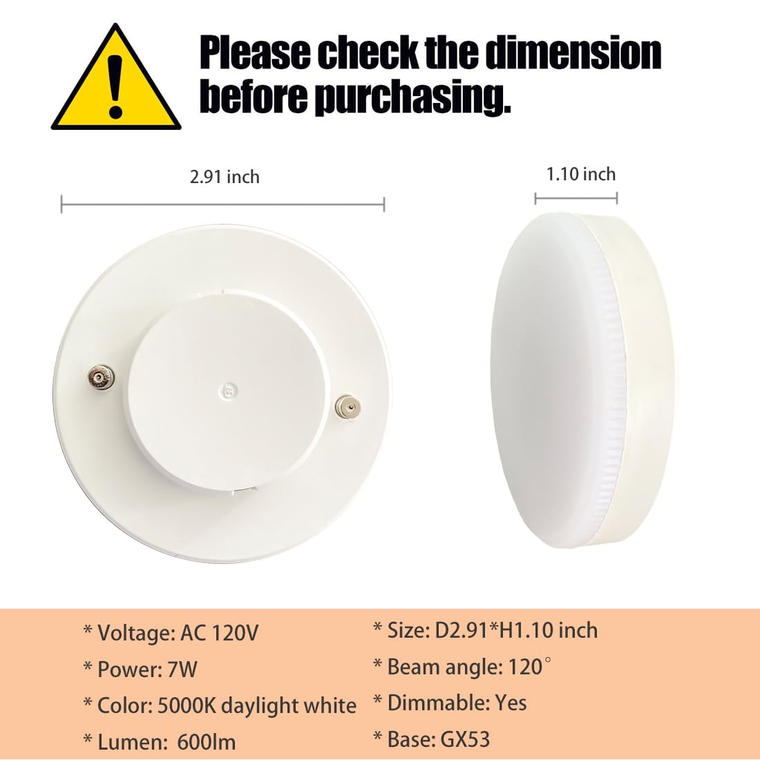 KAKEMONO Bombilla LED GX53 regulable de 7 W, luz blanca diurna, 5000 K, repuesto halógeno de 50 W para debajo del armario de 120 V, iluminación de techo, paquete de 4