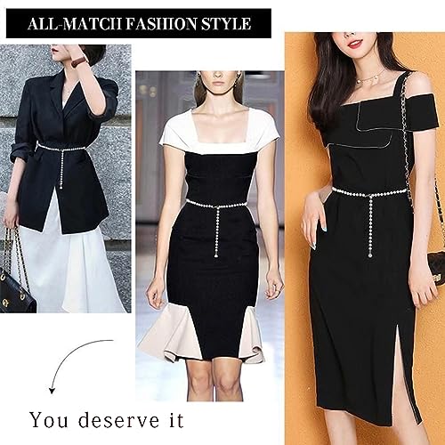 ASVNRES Rhinestone Pearl Elastic Waist Chain Belt, Women Skinny Metal Cinch Belt Gold Waist Belt2