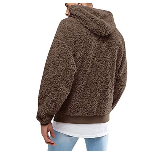 NMVB Herr teddy fleece huvtröja 3XL plysch sweatshirt vinter varm lös pullover enfärgad lätt herr jumper med fickor (färg: Brun, storlek: Stor)