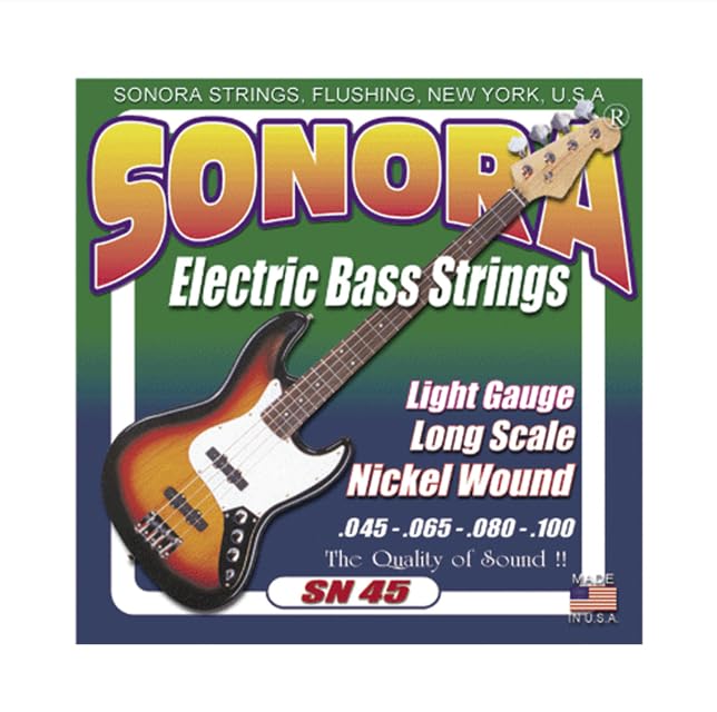 Sonora Cuerdas para Bajo Eléctrico, Set de 4 Cuerdas, Níquel, Calibre Estándar 45-100, Escala Larga,...