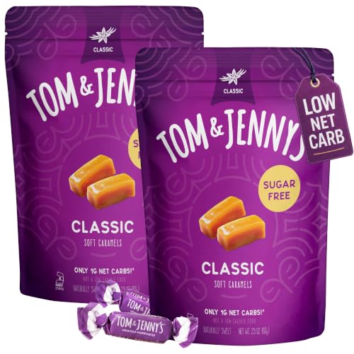 Tom & Jenny's Sugar Free Candy (Soft Caramel) with Sea Salt and Vanilla - Low Net Carb Keto Candy - with Allulose and Maltitol - (Classic Caramel, 2-pack)