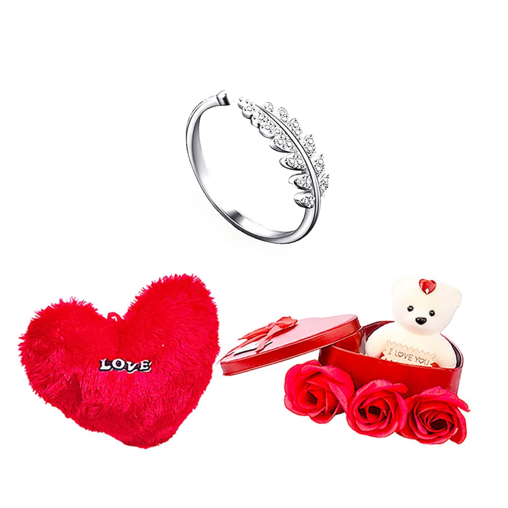 University Trendz Romantic Gift Combo of Silver Leaf Ring with Love Heart Cushion, Cute Teddy (Pack of 3)-image-15